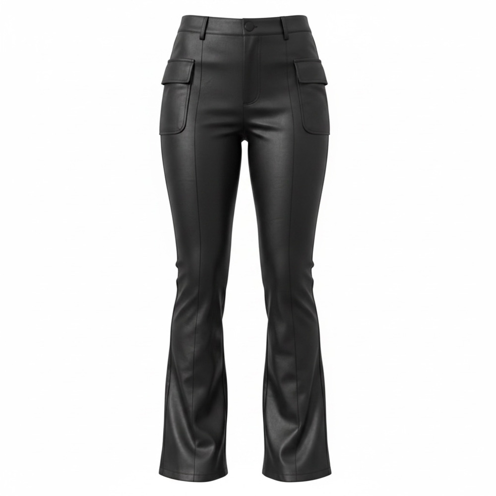 Chocolate U.S.A. Women's Faux Leather Flare Trouser Pants with Cargo Pockets